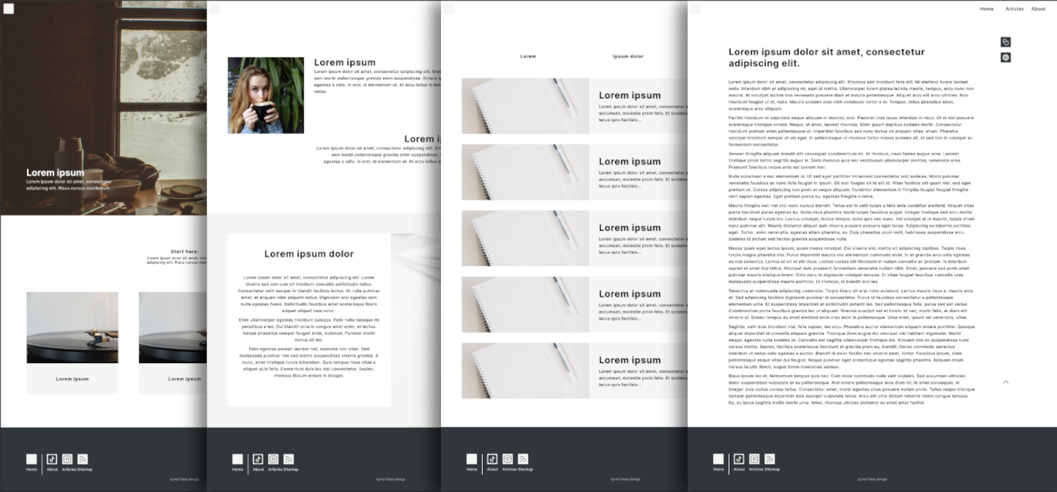 A showcase of four web-pages which overlap each other, as if they are stacked. The pages are mostly white and feature minimalist design.